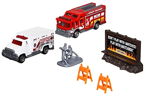 Matchbox Hitch & Haul Druckguss-Fahrzeuge, Feuerwehr und Krankenwagen, 6-teiliges Set mit Feuerwehr, Anzeigetafel und 2 Sicherheitsbarrieren