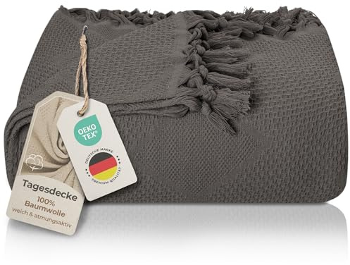 LAYNENBURG Premium Tagesdecke mit handgeknüpften Fransen - 100% Baumwolle - 220 x 240 cm XXL - Waffelpique Sommerdecke - Baumwolldecke als Bett-Überwurf, Couch-Überwurf & Sofa-Decke (Anthrazit)