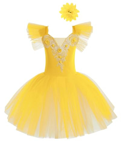 Freebily Vestito Tutu da Balletto per Ballo Bambina Ragazza Vestito da Danza Classica Ballerina Body da Pattinaggio Artistico + Copricapo Abito da Ballo Latino Ginnastica Giallo 13-14 Anni
