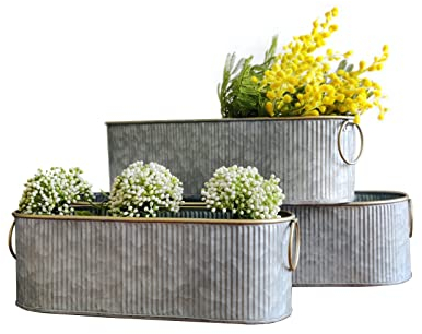 Dipamkar Set of 3 Vintage Long Oval Galvanized Metal Garden Trough Planters Windowsill Box Herb Pots Outdoor Plant Pots