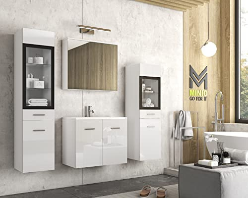 MINIO go for it - Badezimmermöbel Set Marit 2 Wandspiegelschrank ohne LED | Schrank mit Waschbecken, Farbe: Weiß Matt / Weiß Hochglanz