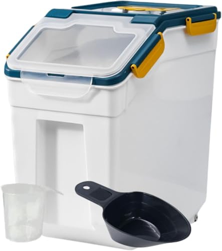 Uotyle 10KG Plastic Food Storage Container Box with Lid & Wheels – Large Airtight Pet & Kitchen Organizer Bin for Dog & Cat Food, Flour, Cereal, Nuts, Beans, Includes Measuring Cup & Scoop (Blue)