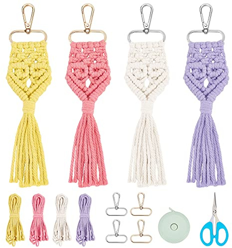 INFUNLY 4 Set DIY Makramee-Herz-Schlüsselanhänger Mini-Makramee-Schlüsselanhänger Boho-Makramee-Taschenanhänger Web-Herz-Makramee-Schlüsselanhänger Für Autoschlüssel Handtaschen-Anhänger Geldbörse