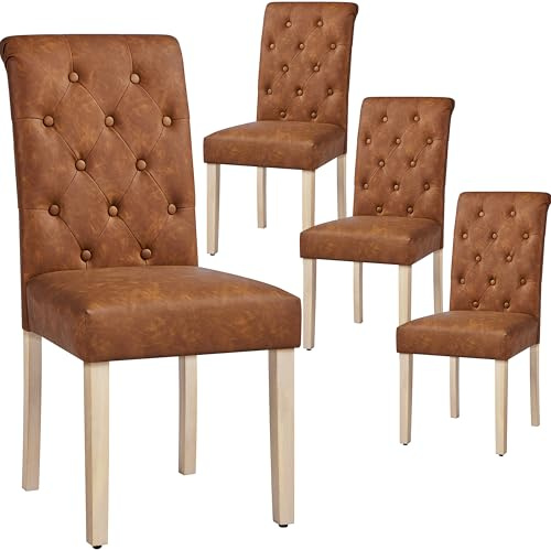 Yaheetech Faux Leather Dining Chairs Set of 4 Upholstered Kitchen Chairs High Back Soft Padded Seat and Wooden Legs for Dining Room, Retro Brown