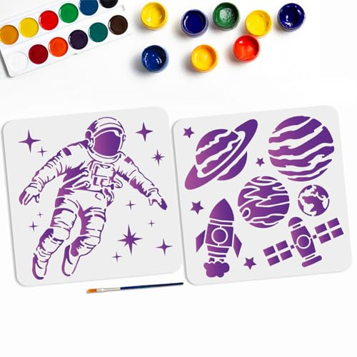 MAYJOYDIY 2 Stück Astronauten Planeten Raketen Schablone 30 × 30cm Weltraum Themen Schablonen Mit Pinsel Wiederverwendbare Rakete Raumschiff Sterne Zeichenschablone Für DIY Projekte Und Handwerk