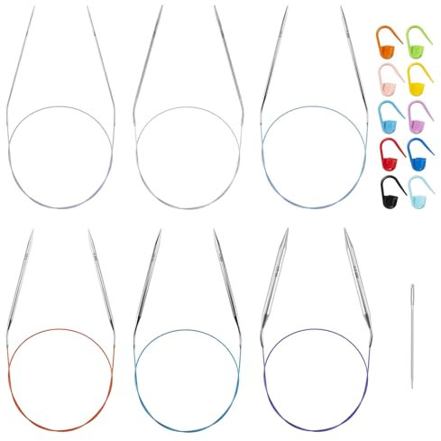 80cm Stainless Steel Circular Knitting Needles Set for Beginners, 6 PCS 2.0 mm, 3mm, 4mm, 5mm, 6mm and 9mm Round Metal Knitting Needles with Magic Loop, Fixed Circle Needles for Blankets, Sweater