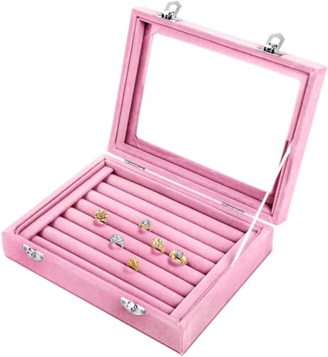 BASUWELL Jewelry Box Rings Organizer Tray 7 Slots Velvet Jewelrybox Earring Storage Box With Transparent Lid Jewelry Display Case for Girls Women (Light Pink)