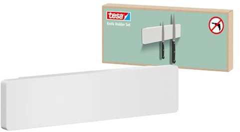 tesa Kitchen Accessory Magnetic Strip - Self-Adhesive Magnetic Knife Holder for Space-Saving Storage of Knives in The Kitchen, Drill-Free - Comes with Wall Mount Adapter - White