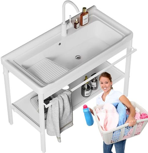YANGYMM Freistehendes Waschbecken Keramik mit Waschbrett, WaschwannenspüLe, Ausgussbecken, Waschwanne Mit Waschbrett, Geeignet für Balkon, Garten, Badezimmer, mit Wasserrohr,24(61cm)