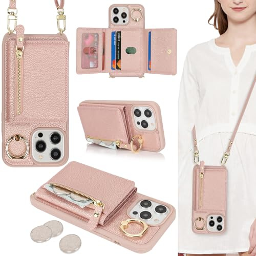 ELTEKER Handyhülle für iPhone 12 Pro Max Hülle mit Band Kartenfach Ringhalterung Geldbörse,Leder Klapphülle Umhängetasche Handytasche für iPhone 12 Pro Max - roségold
