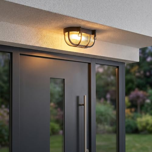 HOFSTEIN Außendeckenleuchte Godel, Außendeckenlampe aus Metall/Riffelglas in Schwarz/Klar, Deckenleuchte draussen im Industrial/Retro/Vintage-Design für Eingangsbereich, Balkon, Terrasse, E27, IP44
