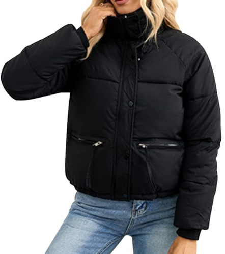 OBEEII, Giacca invernale da donna, corta, trapuntata, calda, con motivo a quadretti, in morbido piumino, moda cropped, con zip, scollo a camicia, puffer, mantello, Nero , L