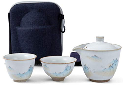 ASumPio Service À Thé De Voyage en Céramique Chinoise Service À Thé en Porcelaine Blanche avec Sac De Voyage 1 Théière 2 Tasses À Thé Et 1 Torchon,D