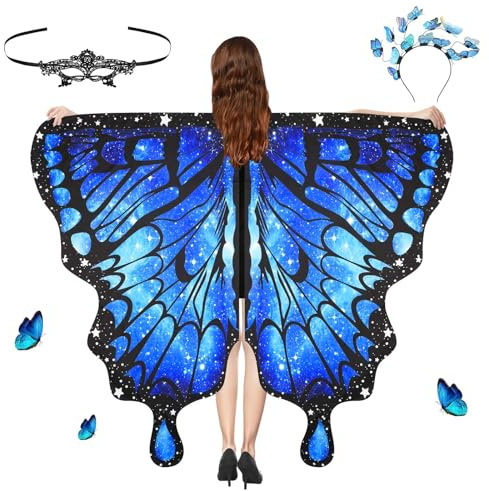 Aomig Schmetterling Kostüm Damen 3Pcs Schmetterlingsflügel Erwachsene Frauen mit Maske Haarreif Bunter Schmetterling Umhang Flügel Nymphe Pixie Kostüm für Halloween Party Weihnachten Cosplay Karneval