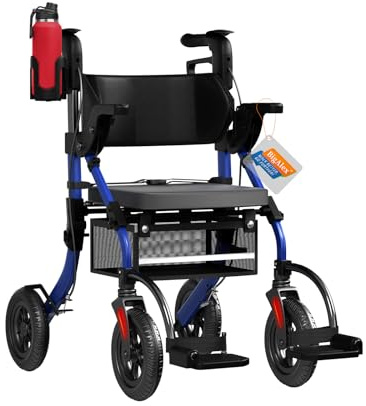 BigAlex Rollator Walker with Seat,2 in 1 Rollator Walker Transport-Wheelchair,10 All-Terrain Wheel for Outdoor & Indoor Use,Wider Seat for Users,Wheelchair Combo-Lightweight,Blue