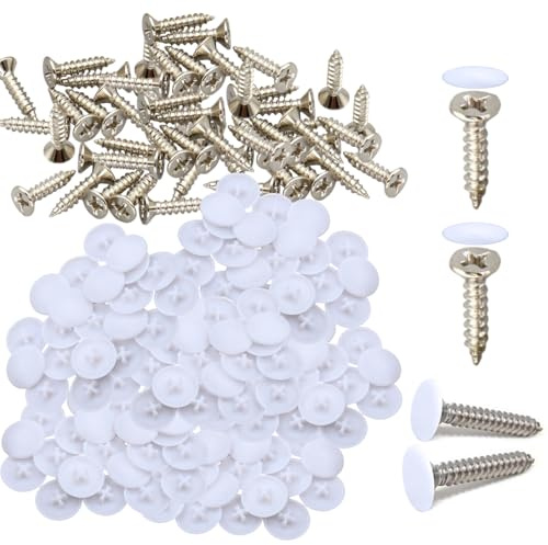 200 PCS White Screw Cap Set - 100 Screws and 100 Cross Head Snap-In Covers for Furniture, Wardrobe, Cabinet and Shelf