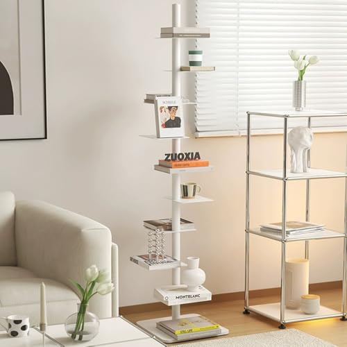 vhdurike Bücherturm mit vertikaler Wirbelsäule, 9-stöckiges Bücherregal aus Metall, bodenstehendes Bücherregal, Baumbücherregal, für Wohnzimmer, Schlafzimmer, Büro,Weiß