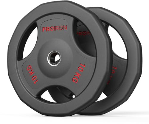 PROIRON Hantelscheiben 30mm, Gewichtsscheiben 1,25kg, 2,5kg, 5kg, 10kg, Hantelscheiben Gusseisen, Gummiert Praktische Griffe und Stahlkern-5kg
