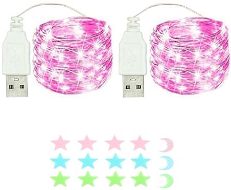 MUXIJIA 2 x luce stringa LED, 50 x LED 5M / 17Ft esterno/interno alimentatore USB impermeabile per camera da letto, cortile, matrimonio, Natale, fai da te, ecc. (Rosa)