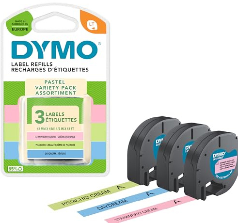 DYMO LetraTag- pastellfärgad etikett startpaket med plastetiketter| Rullar på 12 mm × 4 m | pistagegrönt, ljusblått och rosa | Självhäftande | 3 rullar | För LetraTag etikettskrivare