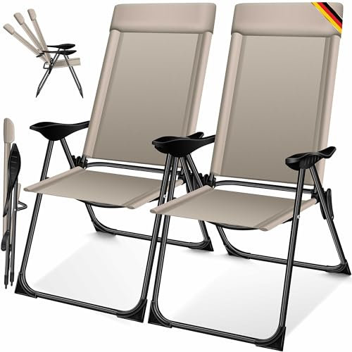 KESSER® 2er Set Gartenstuhl Hochlehner Alu Klappstuhl 7-Fach Verstellbar mit Armlehnen Atmungsaktiv klappbar Campingstuhl Balkonstuhl Klappsessel Garten Terrasse, Taupe