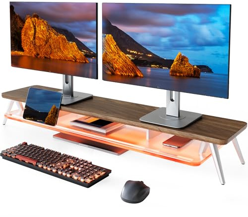 Fenge Monitorständer,108cm, LED-Beleuchtung für Laptop PC TV, Braun | Schaltbare Farben, 2 Geräte, Bis 45kg, Ablagefach für Telefon/Tablet/Stift, Acryl-Ablage, Bildschirm Schreibtisch Büro Home
