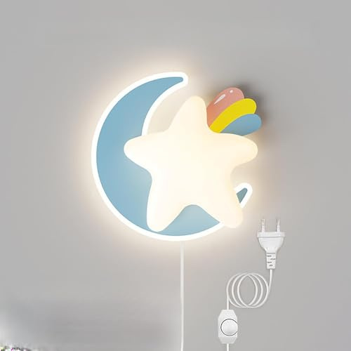 Kinder Wandleuchte mit Stecker Stern Mond Wandlampe mit Schalter LED Wandleuchte Dimmbar Kinderlampe Beleuchtung Nachtlicht Nachtlicht für Kinderzimmer Babyzimmer Schlafzimmer Wohnzimmer (Hellblau)