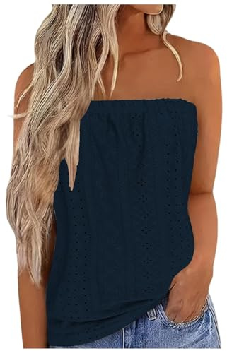 Summer Tops for Women UK Promotion Strapless Vest Tops Sleeveless Tube Bandeau Top Casual Loose Fit Blouse Tunic T Shirts Trendy Plain T Shirt Eyelet Tees Tank Top Clearance