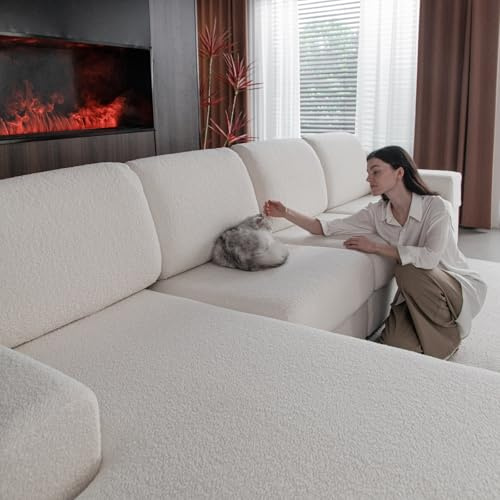 OHSIO Sofa Überzug – Hoch Elastischer, Rutschfester Sitzkissenbezug – Waschbarer, Haustierfreundlicher Sofabezug für Couch, Strapazierfähig(Elfenbein, 1x Sitzbezug L)