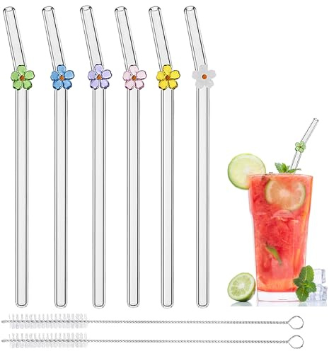 Reusable Glass Straws with Charms, 7.9'' x 8mm Clear 8pcs Drinking Straws | 6 bent straws & 2 cleaning brushes, colorful flowers charm, borosilicate glass, decorative charms for coffee milk juice