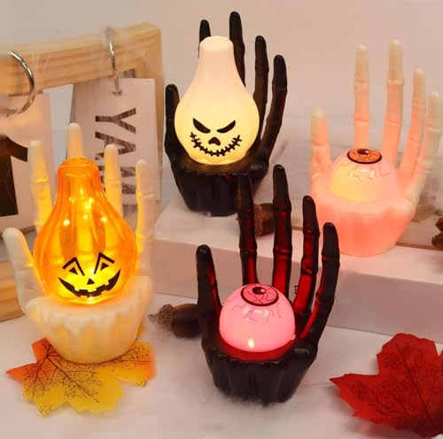 Set di 4 Scheletro Candele LED per Halloween, ortacandele a forma di mano scheletrica, Design con occhi di ragno Senza Fiamma Lumini Candele a Batteria Decorazioni per feste dall'atmosfera inquietante