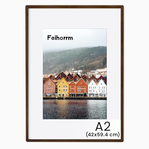 Feihorrm Massivholz Bilderrahmen, A2 Eiche Bilderrahmen, Mit gehärtetem Glas, Für 42x59,4 cm-Fotos ohne Passepartout oder 28,7x41 cm-Fotos mit Passepartout (Dunkel Braun, A2 (42x59,4 cm)/ 1x)