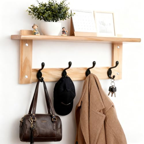 L&lonpa 1 Pcs Wall Mounted Hoat Hook with Shelf, Wooden Hook Rack with 4 Hooks, for Coats, Bags, Keys, Hats, in The Entryway, Bathroom,Bedroom