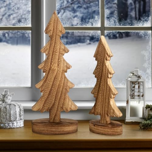 Bseical 2 Stück Weihnachtsdeko Holz, Mini Weihnachtsbaum, Künstlicher Weihnachtsbaum, 20cm, 25 cm, für Weihnachtsdeko, Tischdeko, DIY, Schaufenster, Weihnachtsdorf