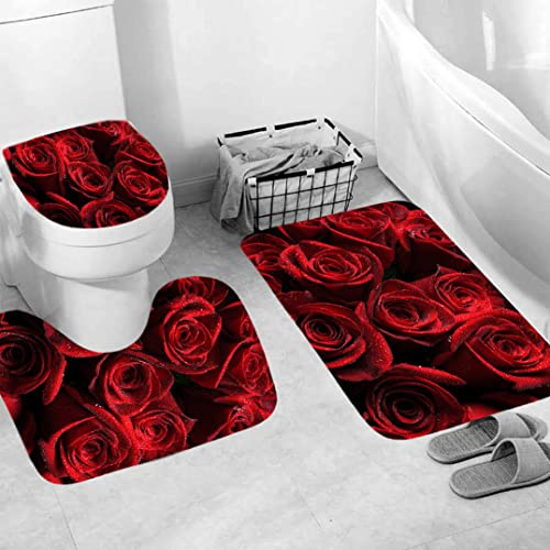 Generisch Badgarnitur 3 Teilig Badezimmerteppich Waschbar Badematte rutschfest,Wc Vorleger Mit Ausschnitt Und Badematte, Badvorleger Toilette Teppich 45X75Cm Rose