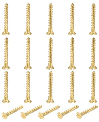sourcing map 20 Pcs Brass Screws, M2.5 x 20mm Solid Slotted Drive Flat Head Self-Tapping Wood Screw Fasteners for Woodworking Furniture Repair Photo Frame Drywall Home Appliances, Gold