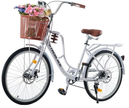 LSLIFE 24/26 Inch Vintage Ladies Bike with Basket Lightweight City Bicycle | 7 Speed; Basket; Cupholder; Adjustable Handlebar & Seat; Disc Brake; Rear Rack