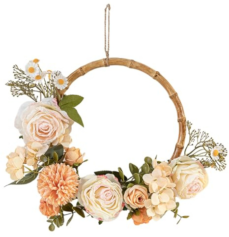 Türkranz Kranz Deko,Frühlingskranz Künstliche Blumen Kranz Girlande Willkommen Girlande Türkranz Frühling Rosen Kamille Türdeko Haustür Wandkranz Holz Deko Türkranz Haustür für Hochzeit Wohnzimmer (D)