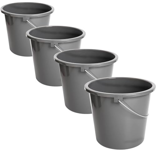 HaushaltPro Eimer 10L Set aus 4 Putzeimern mit Messskala, lebensmittelechter Kunststoff, Metallhenkel, rund, grau, robust, für Haushalt und Reinigung, Made in EU