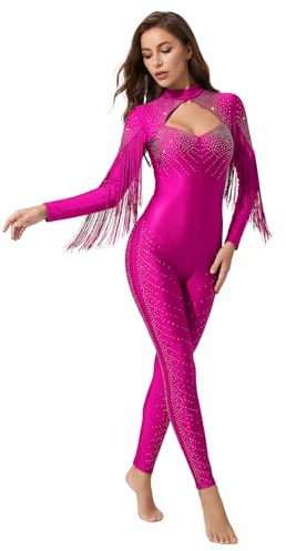 Ocealan Womens Sparkly Rhinestones Figure Skating Unitard with Tassels Long Sleeve Gymnastics Leotard Nightclub Jumpsuit Hot Pink Large