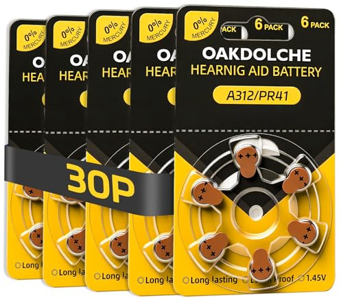 OAKDOLCHE Batterie per apparecchi acustici, misura 312, senza mercurio, zinco aria, 1,4 V, a lunga durata e facili da aprire, 30 pezzi