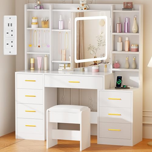 BEWISHOME White Dressing Table with Mirror and Light, Adjustable Brightness