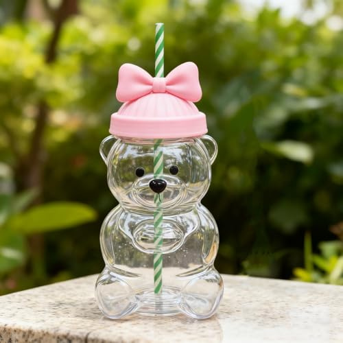 LuminaVerde Bear Cup, Bären Glas Wasser Tasse Mit Deckel Und Strohhalm, Wiederverwendbarer 20oz Trinkbecher Für Tee Milchcocktails, Spülmaschinenfest Pink