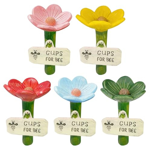Bee Watering Station - 5Pcs Flower Shaped Water Cups for Bees and Butterflies, Colorful Outdoor Pollinator Drinking Feeder with Stake Base, Durable Resin Bee Bath for Garden and Flowerbeds