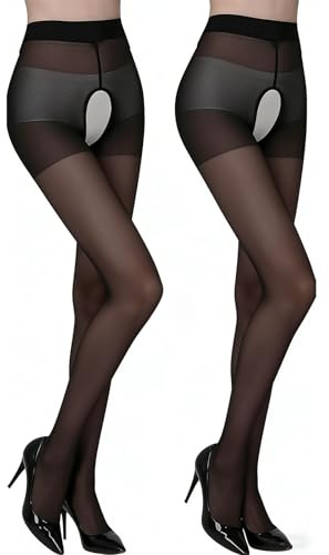 Innovess 2 Pairs Oil Shiny Suspender Tights for Women, High Waist Crotch Open Pantyhose with Sheer Glossy Finish, Sexy Open Gusset Tights, Gloss Sheer Silk Stockings