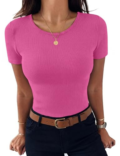 Aottori T-Shirt Donna Manica Corta Girocollo Costine Slim Fit Estiva | Maglietta, Basic Top, Elasticizzato, Elegante, Aderente, Tinta Unita, Stile Casual per Tempo Libero