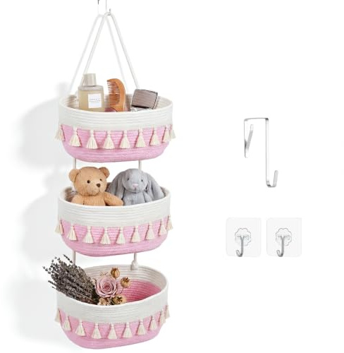 OJTOJT Hängeorganizer aus Baumwollseil mit Quasten, 3-stufiger Hängekorb für Tür & Wand, Rosa-Weißer Wandkorb für Badezimmer, Kinderzimmer und Schlafzimmer（A3-rosa-weiß）