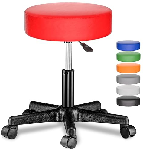 Casaria® Rollhocker Höhenverstellbar 10 cm Polsterung 46-60 cm Sitzhöhe 360° Drehbar Ø 35cm Rund Rollen Bürohocker Drehhocker Arbeitshocker Hocker Rot