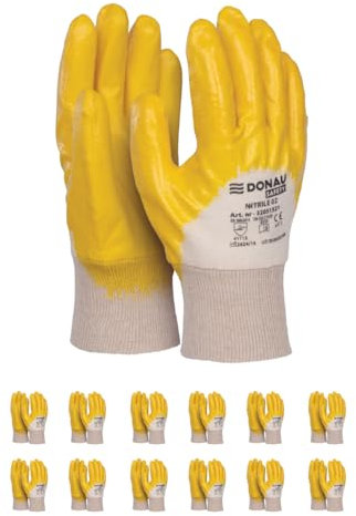 DONAU SAFETY Guanti da lavoro in maglia di cotone uomo/protettivi in nitrile rivestito/taglia 8, 12 paia/giallo bianco/guanti di montaggio/per lavoro meccanico servizio trasporto e costruzione