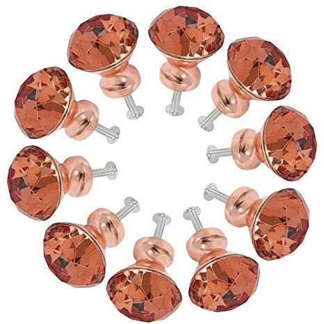 10Pcs Crystal Door Knobs 30mm Crystal Glass Door Knobs Diamond Shape Cupboard Cabinet Handle Pull Drawer Handle with Screw, Rose Gold